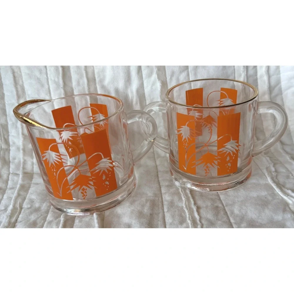 Vintage Creamer Sugar Set Orange White Floral Gold Trim Retro MCM Glassware Mod